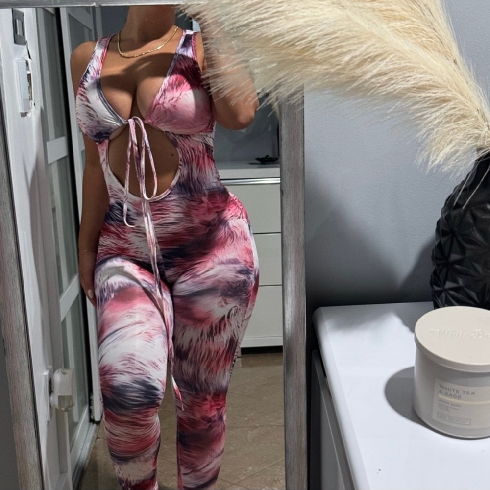 White Fox Boutique Pink and White Tie-Dye Jumpsuit